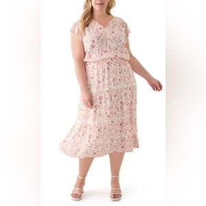 NWT Lucky Brand Floral Pink/Off-White Tiered Midi Dress with V-Neck-2X